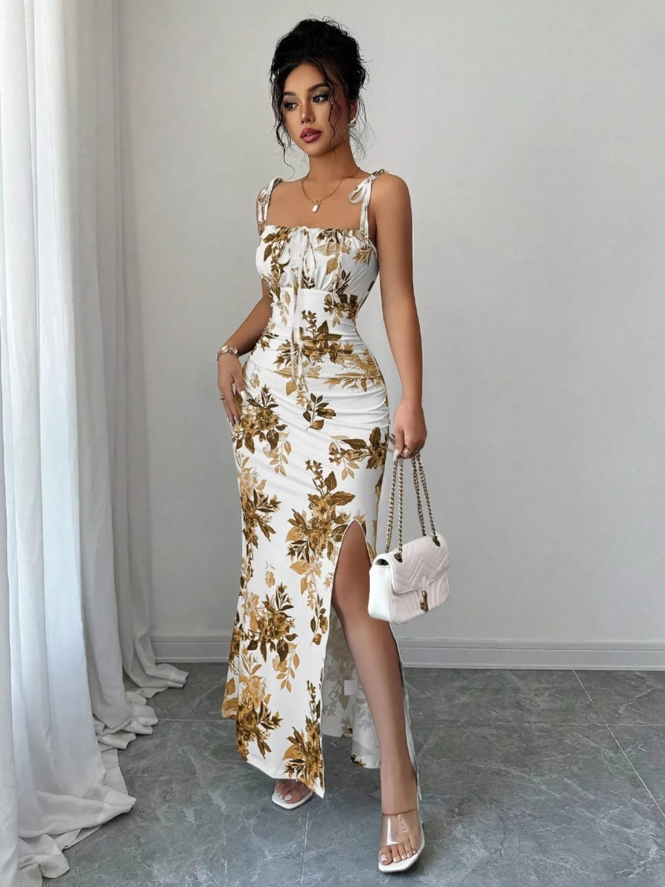 Printed Tie Strap Slit Maxi Dress - Godess beauty  #
