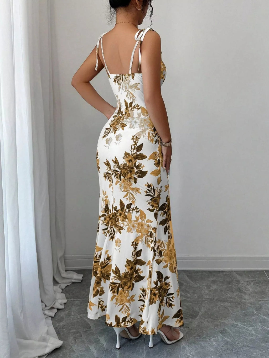 Printed Tie Strap Slit Maxi Dress - Godess beauty  #