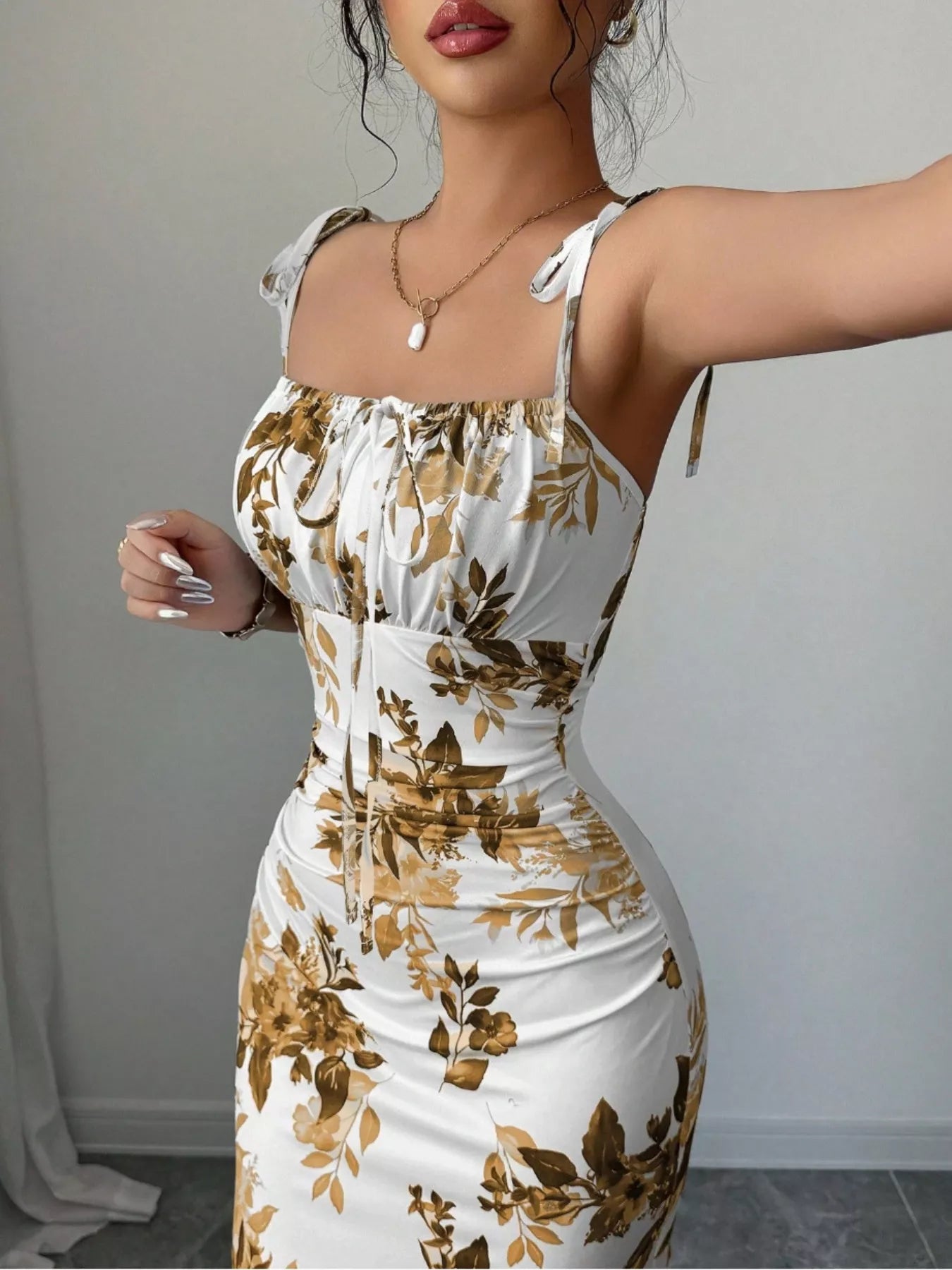 Printed Tie Strap Slit Maxi Dress - Godess beauty  #