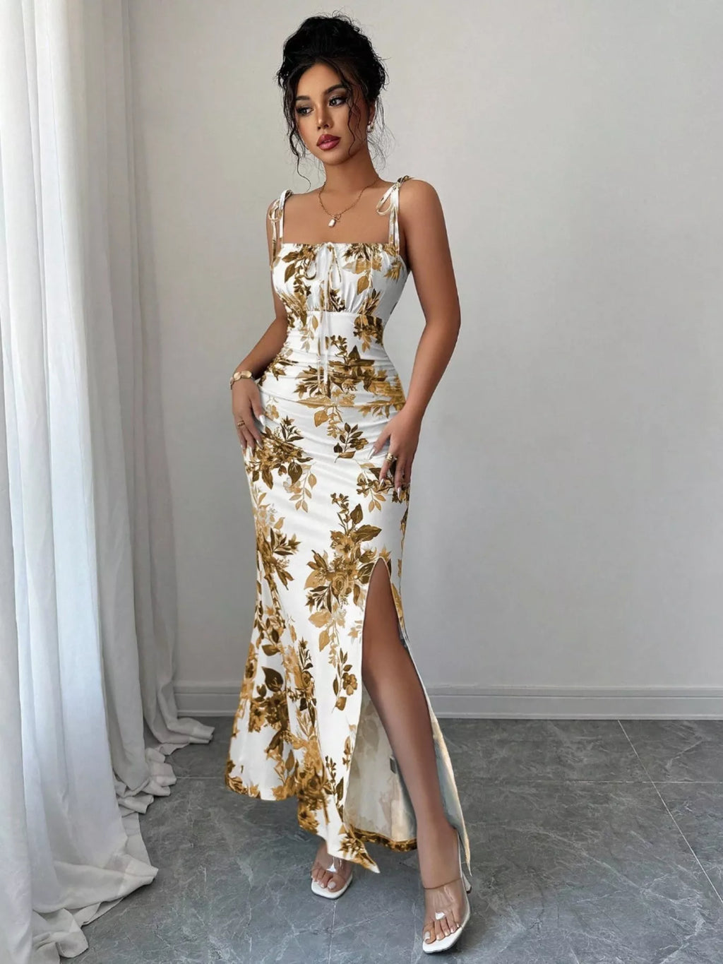 Printed Tie Strap Slit Maxi Dress - Godess beauty  #
