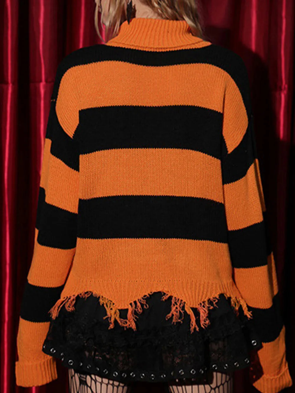 Raw Hem Contrast Turtleneck Long Sleeve Sweater - Godess Beauty  #