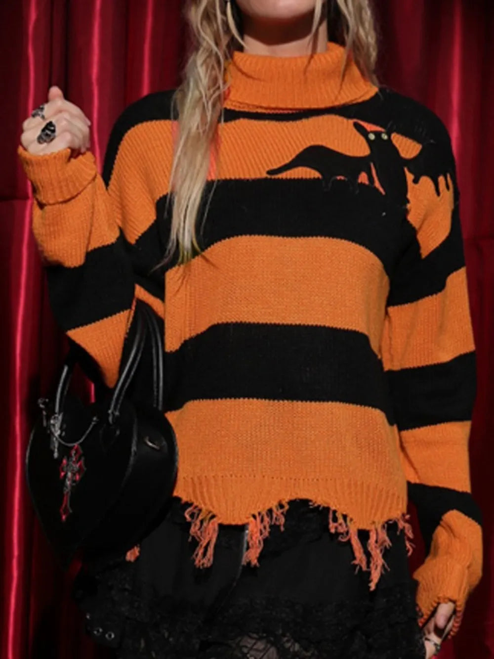 Raw Hem Contrast Turtleneck Long Sleeve Sweater - Godess Beauty  #