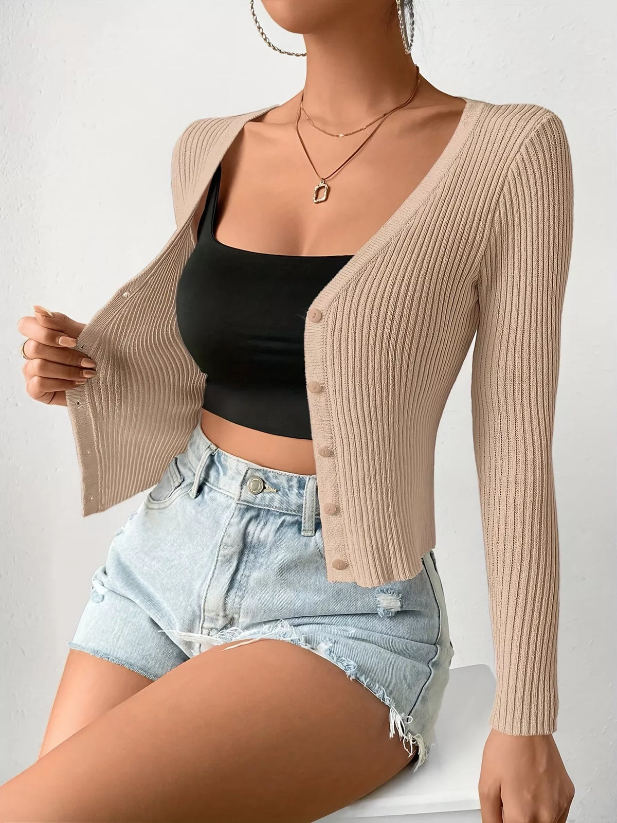 Ribbed Knit Button-Up Cardigan - Godess Beauty  #