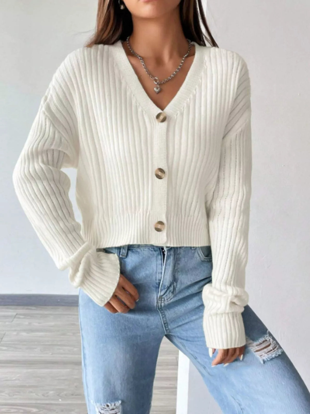 Ribbed Knit Button-Up Cropped Cardigan - Godess Beauty  #