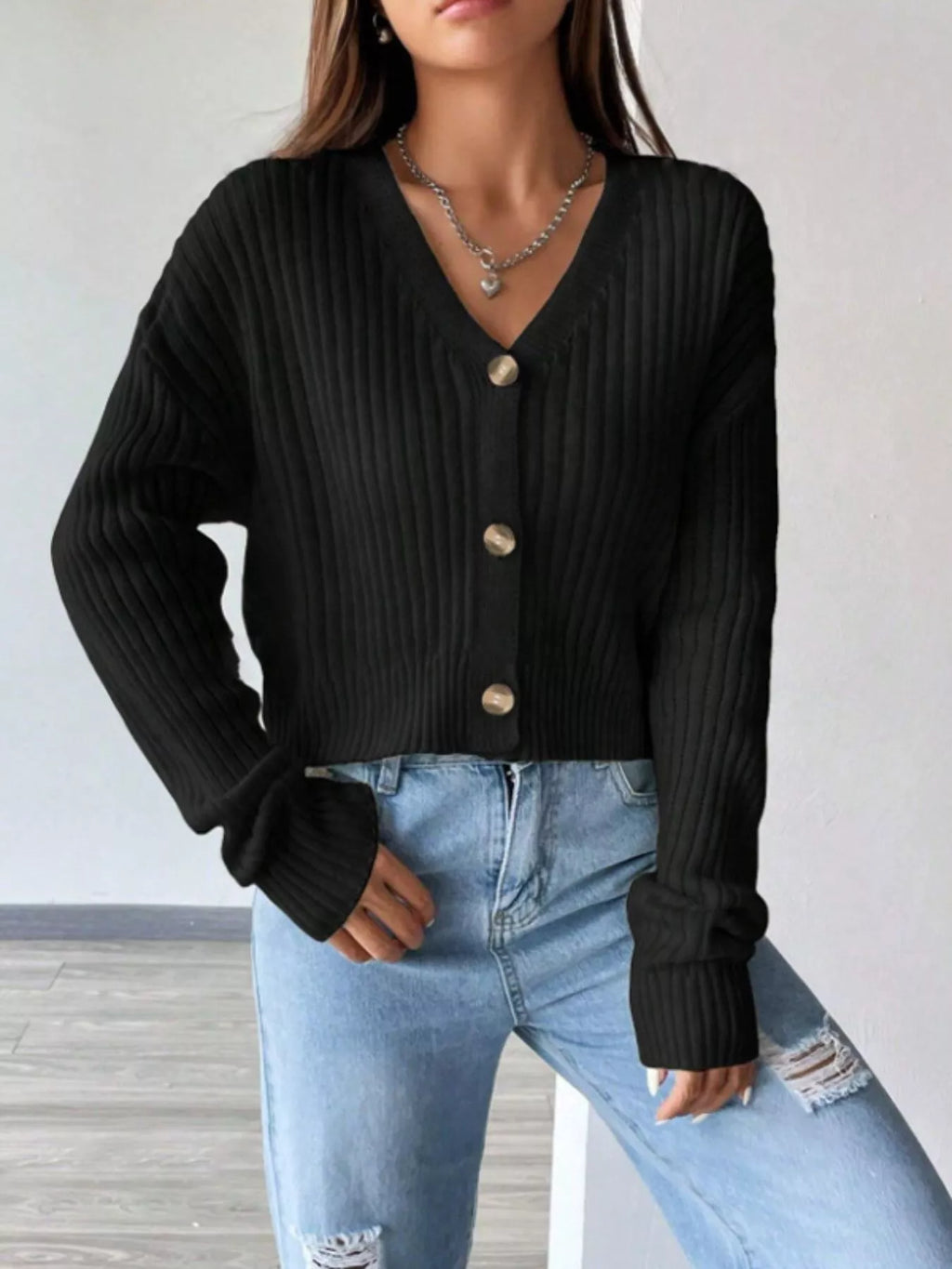 Ribbed Knit Button-Up Cropped Cardigan - Godess Beauty  #