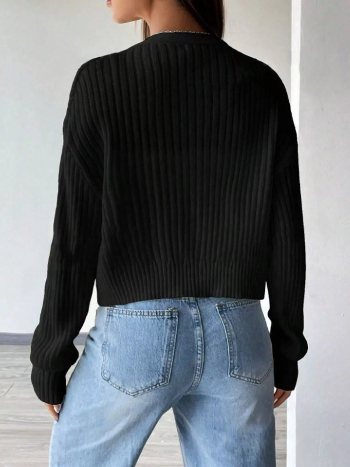 Ribbed Knit Button-Up Cropped Cardigan - Godess Beauty  #