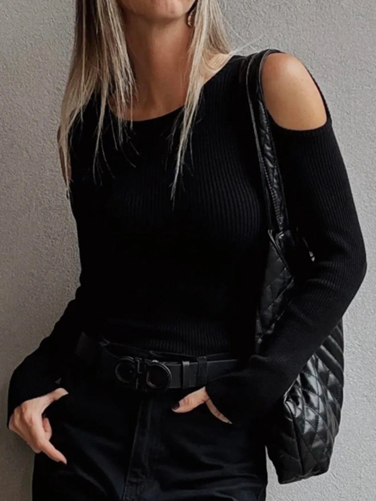 Ribbed Knit Cold Shoulder Sweater - Godess Beauty  #