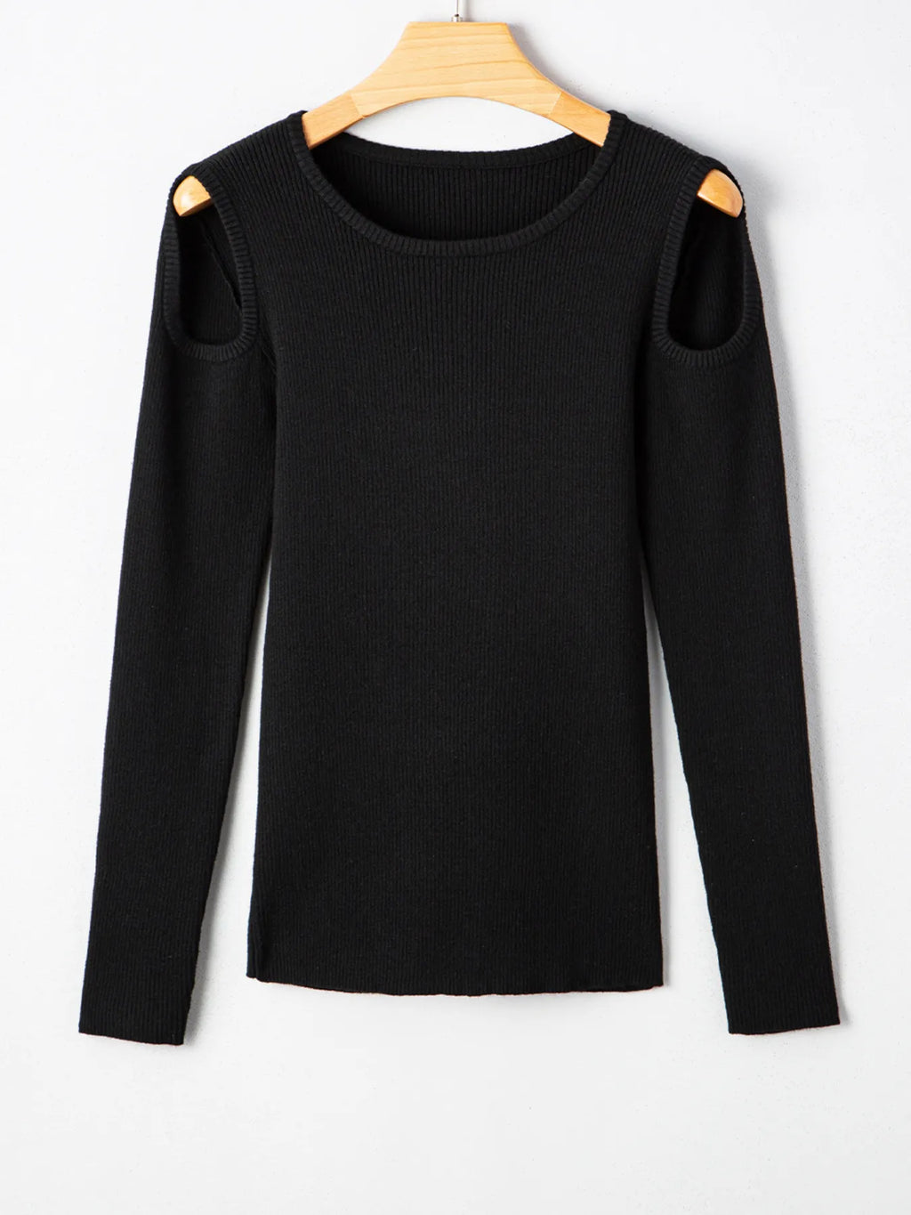Ribbed Knit Cold Shoulder Sweater - Godess Beauty  #
