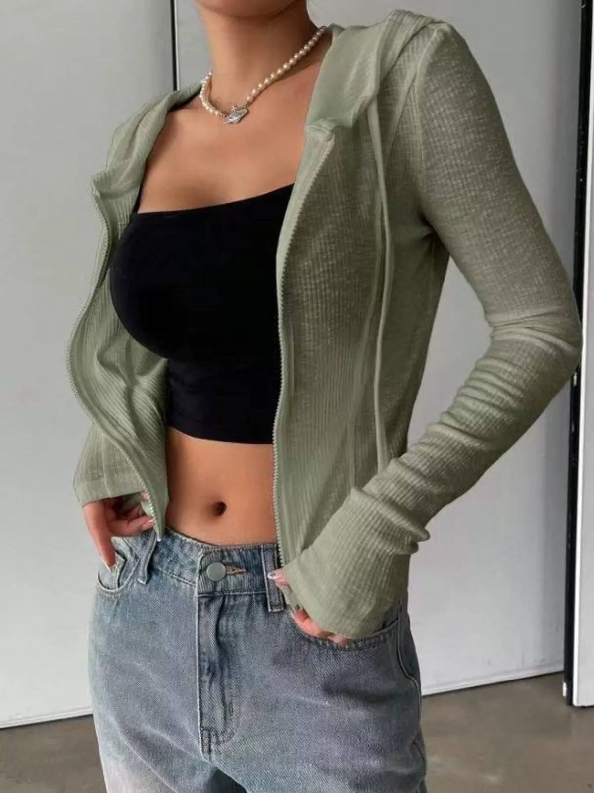 Ribbed Knit Cropped Zip-Up Outerwear - Godess Beauty  #