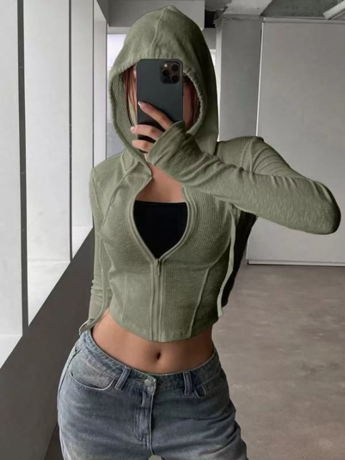 Ribbed Knit Cropped Zip-Up Outerwear - Godess Beauty  #