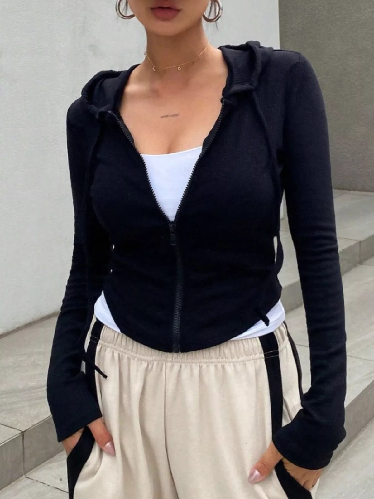 Ribbed Knit Cropped Zip-Up Outerwear - Godess Beauty  #