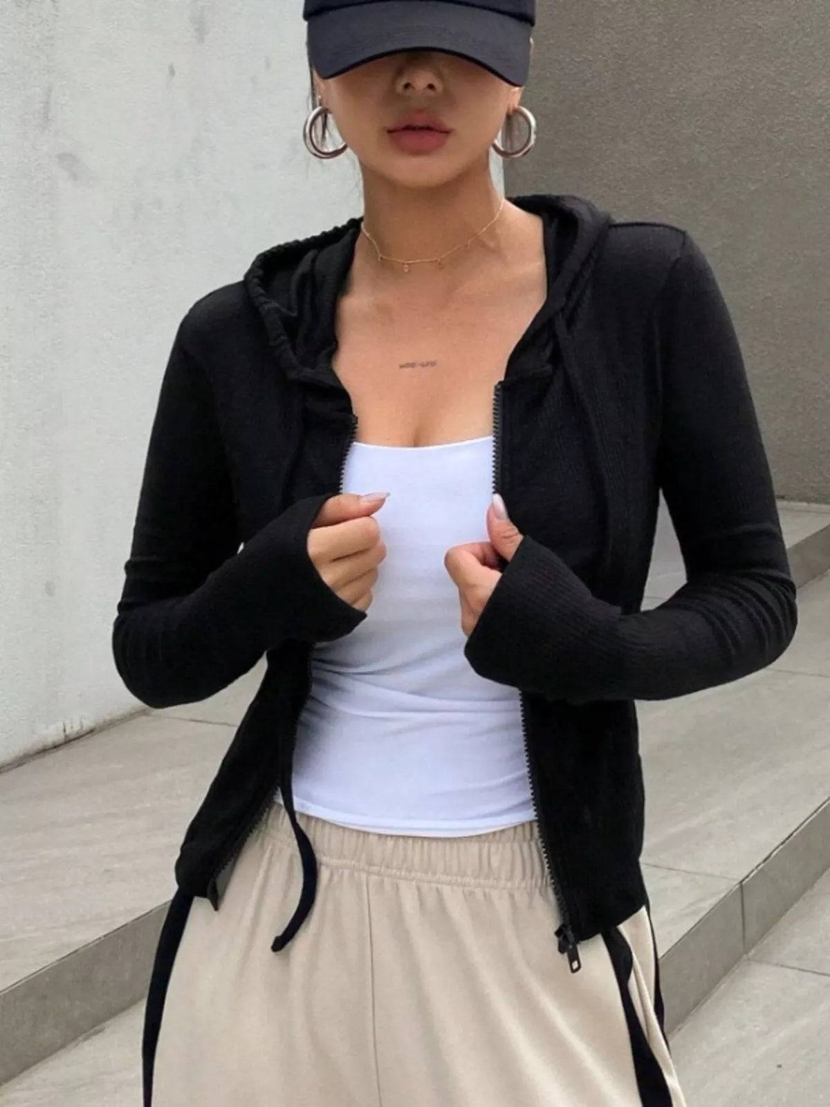 Ribbed Knit Cropped Zip-Up Outerwear - Godess Beauty  #