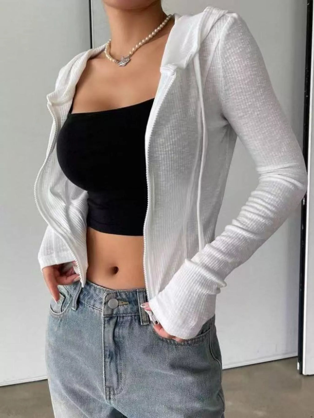 Ribbed Knit Cropped Zip-Up Outerwear - Godess Beauty  #