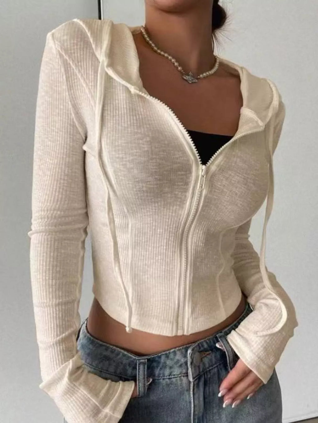 Ribbed Knit Cropped Zip-Up Outerwear - Godess Beauty  #