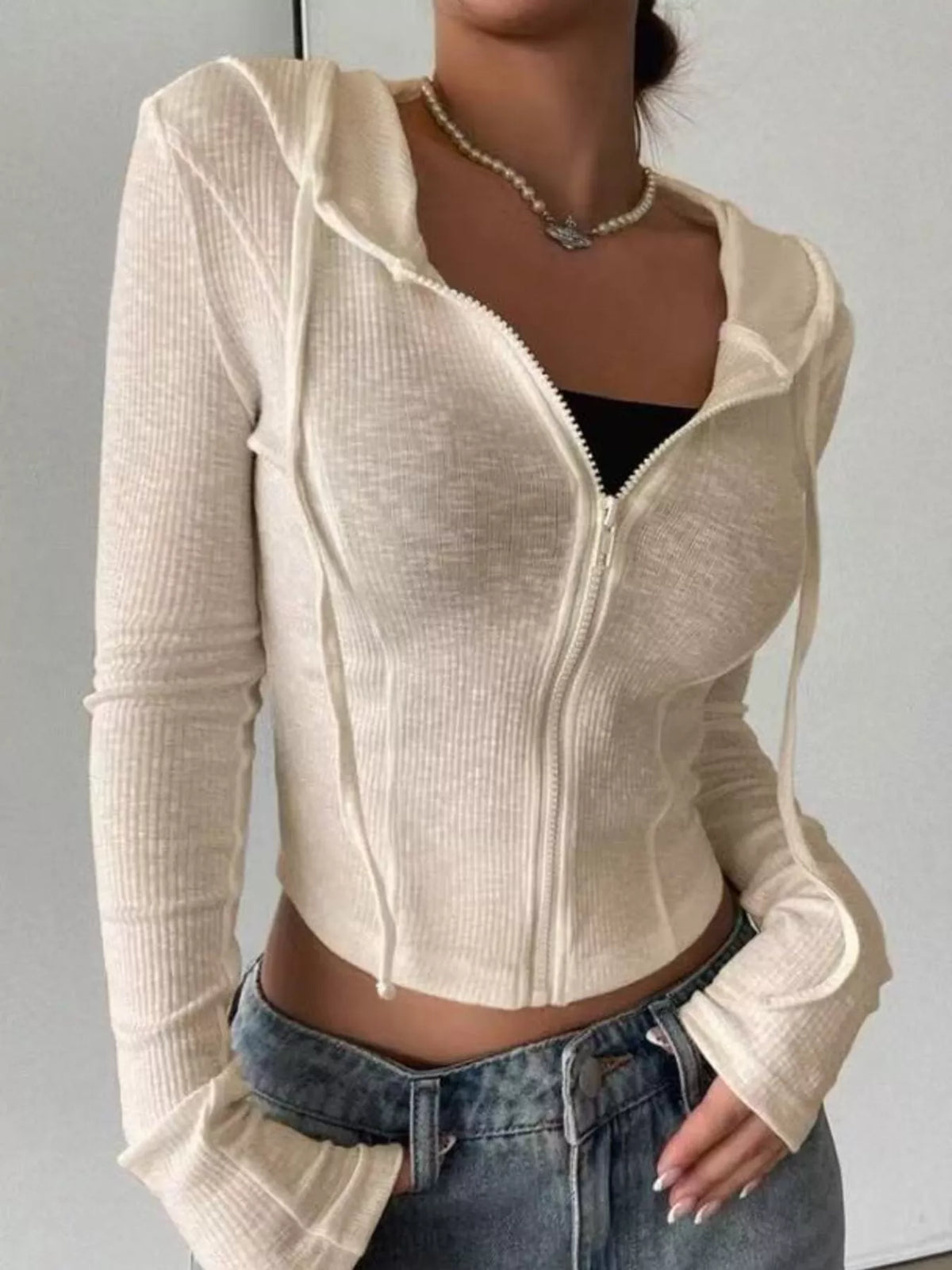 Ribbed Knit Cropped Zip-Up Outerwear - Godess Beauty  #