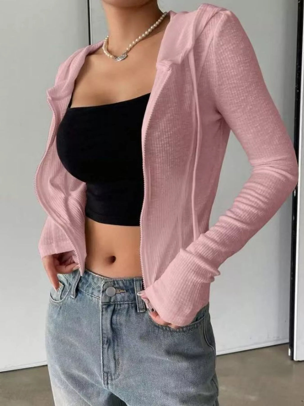 Ribbed Knit Cropped Zip-Up Outerwear - Godess Beauty  #
