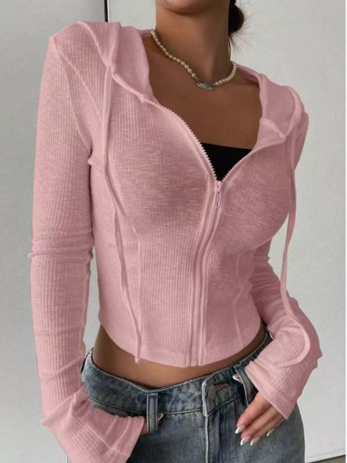 Ribbed Knit Cropped Zip-Up Outerwear - Godess Beauty  #