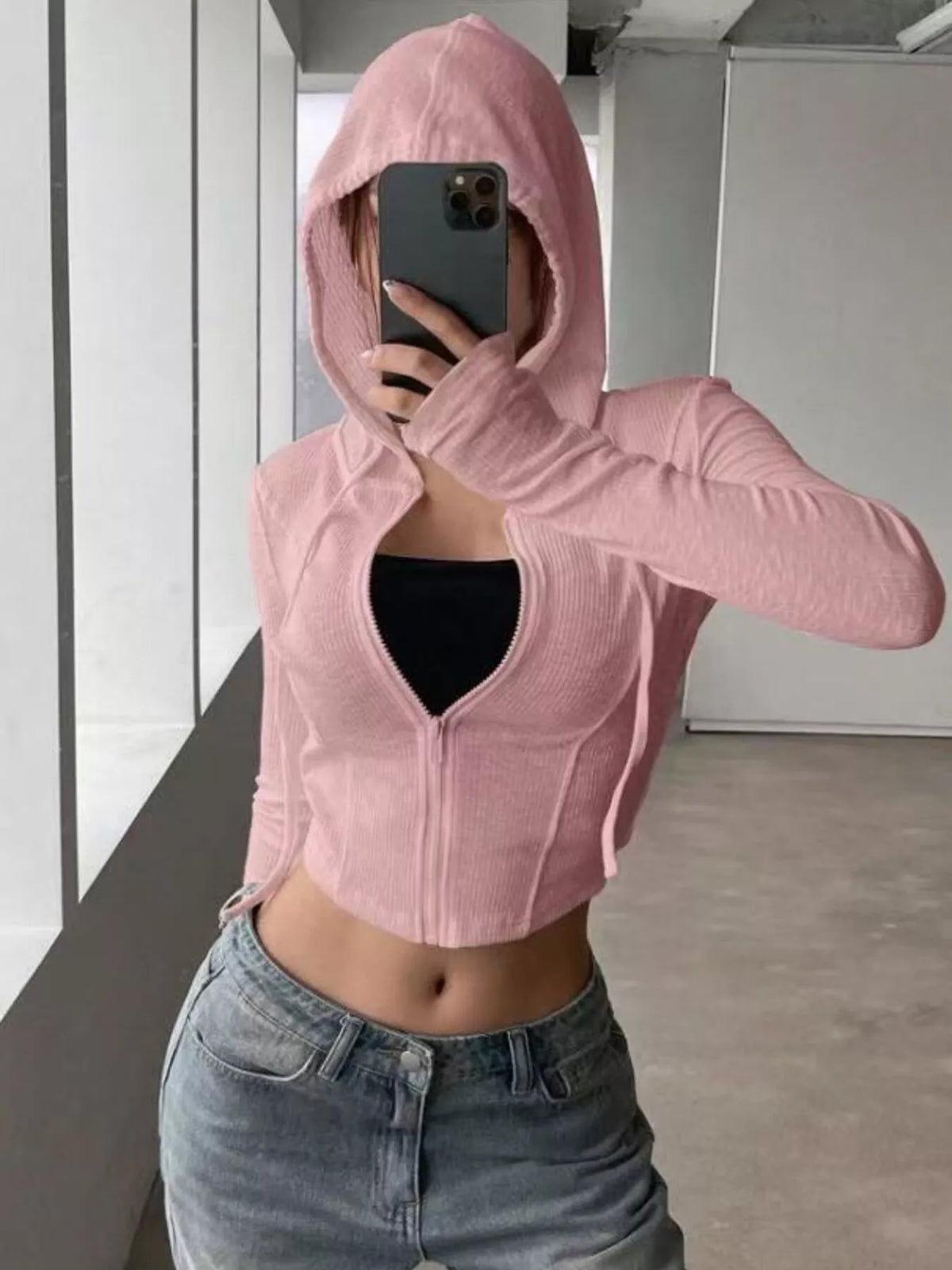 Ribbed Knit Cropped Zip-Up Outerwear - Godess Beauty  #