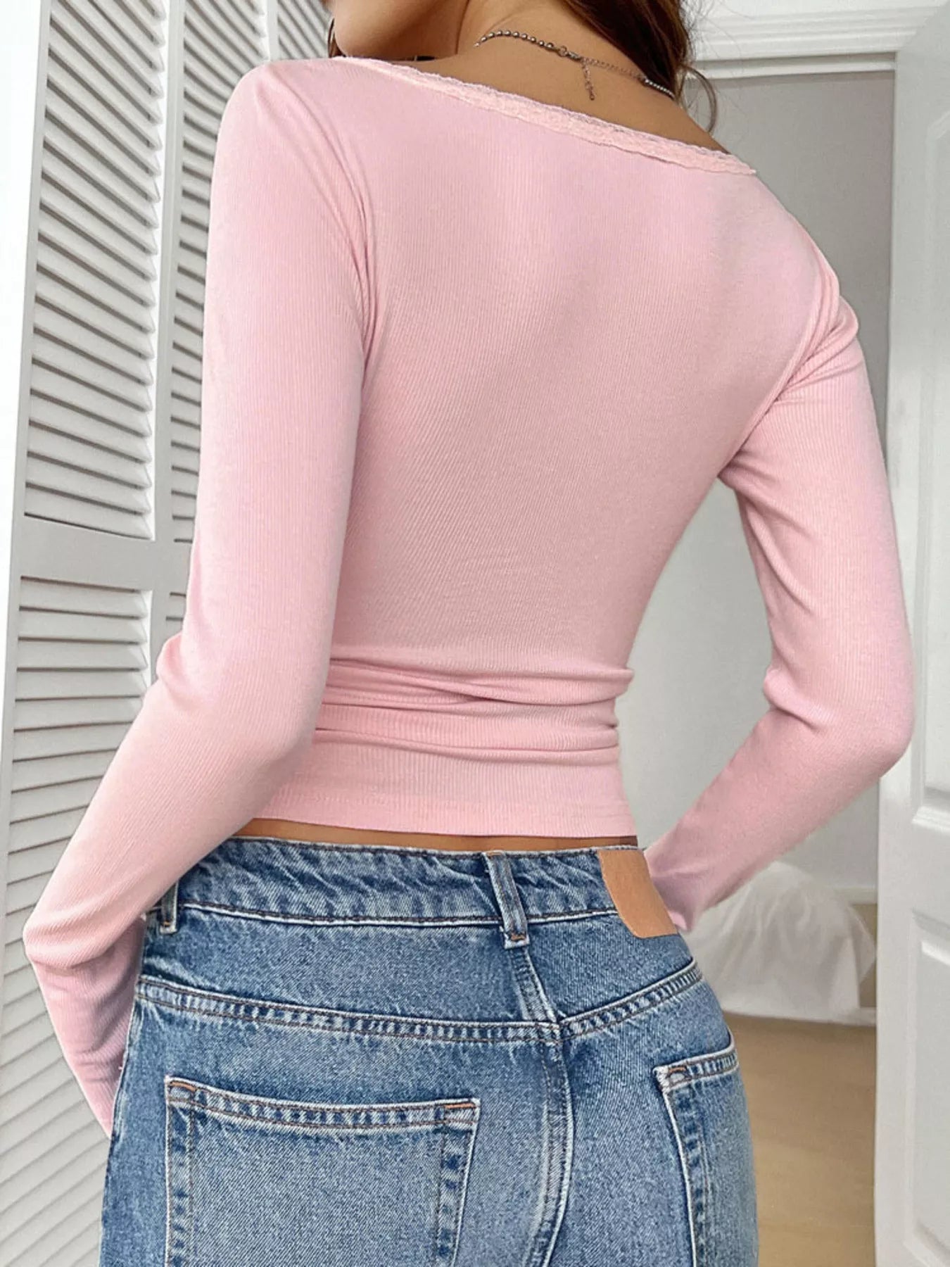 Ribbed Knit Lace Trim Long Sleeve T-Shirt - Godess beauty  #