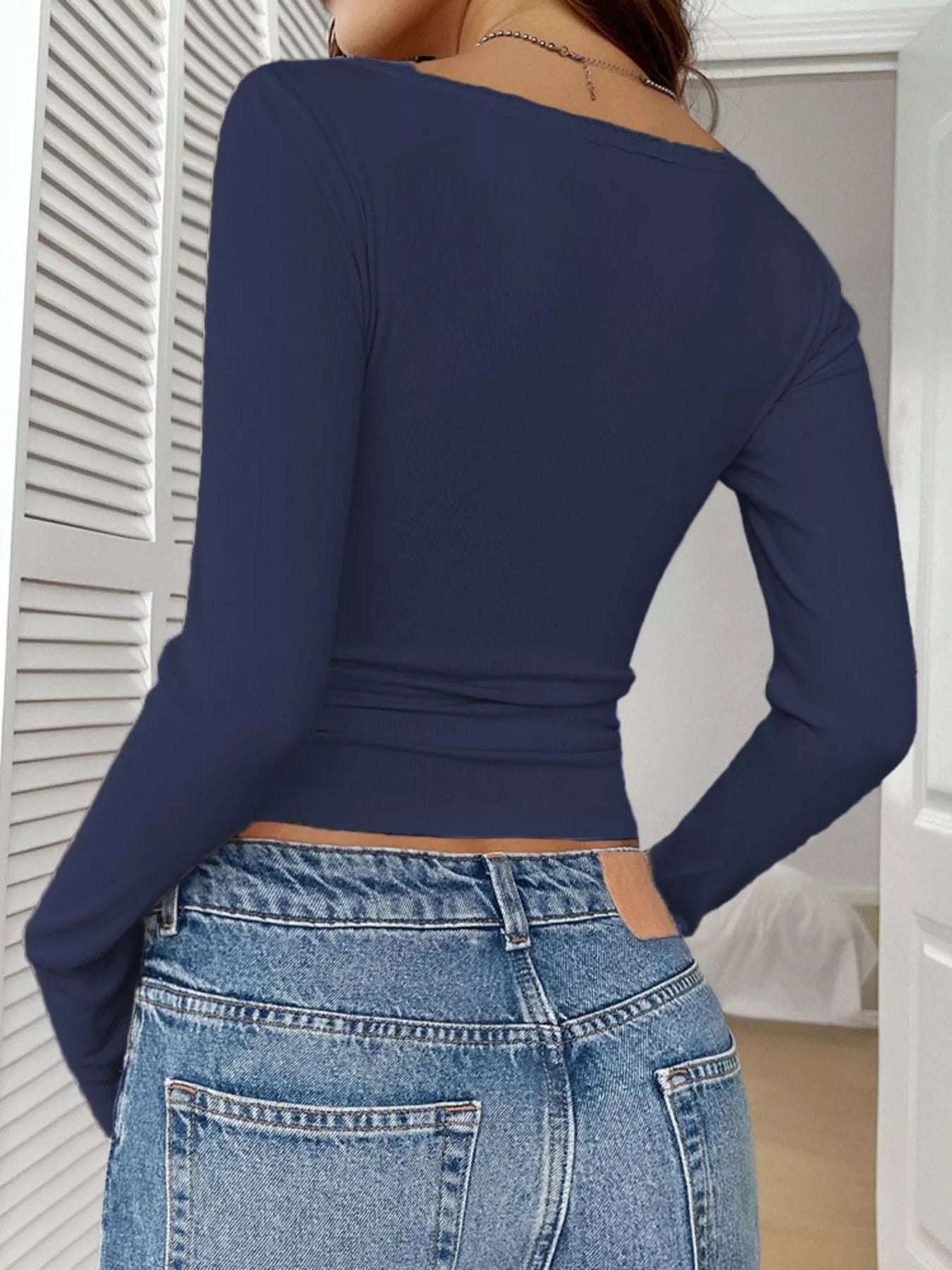 Ribbed Knit Lace Trim Long Sleeve T-Shirt - Godess beauty  #