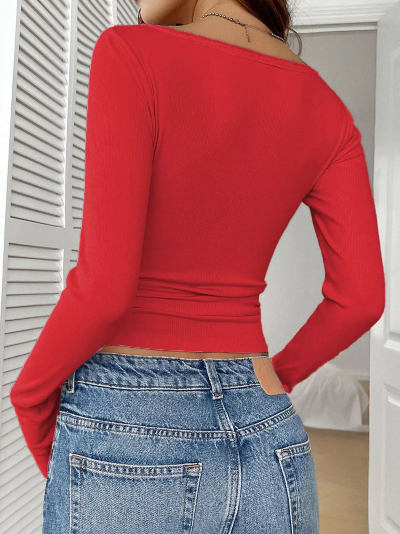Ribbed Knit Lace Trim Long Sleeve T-Shirt - Godess beauty  #