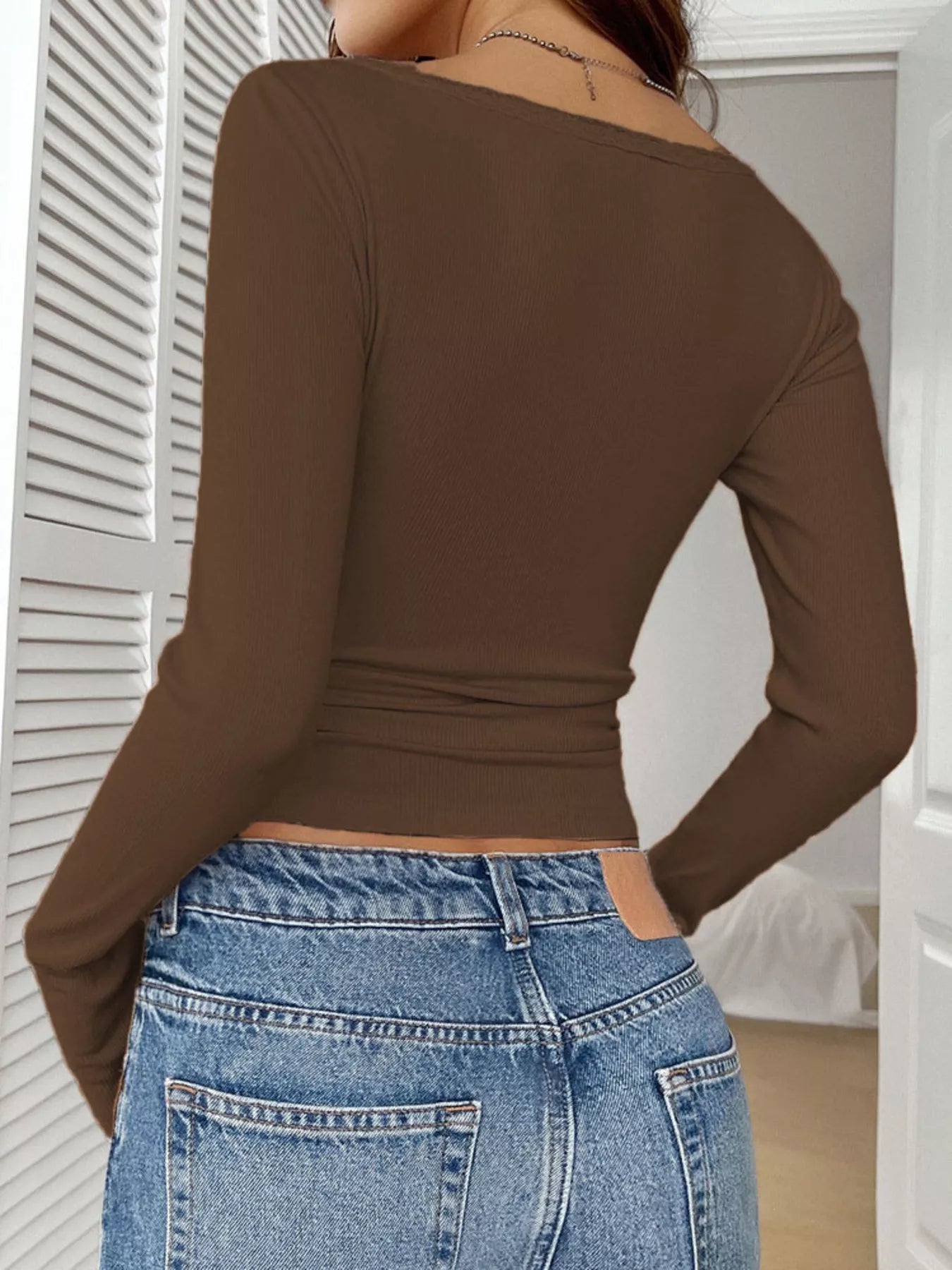 Ribbed Knit Lace Trim Long Sleeve T-Shirt - Godess beauty  #
