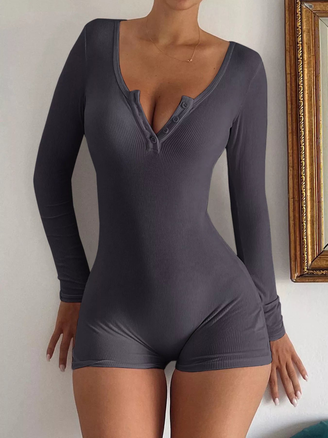 Ribbed Knit Long Sleeve Romper - Godess beauty  #