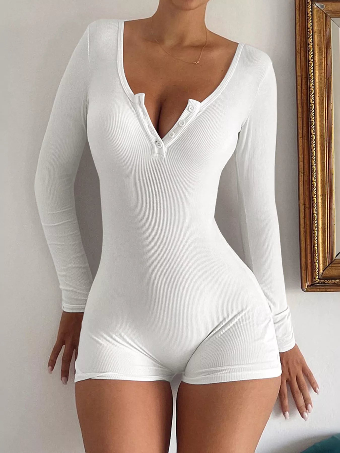 Ribbed Knit Long Sleeve Romper - Godess beauty  #