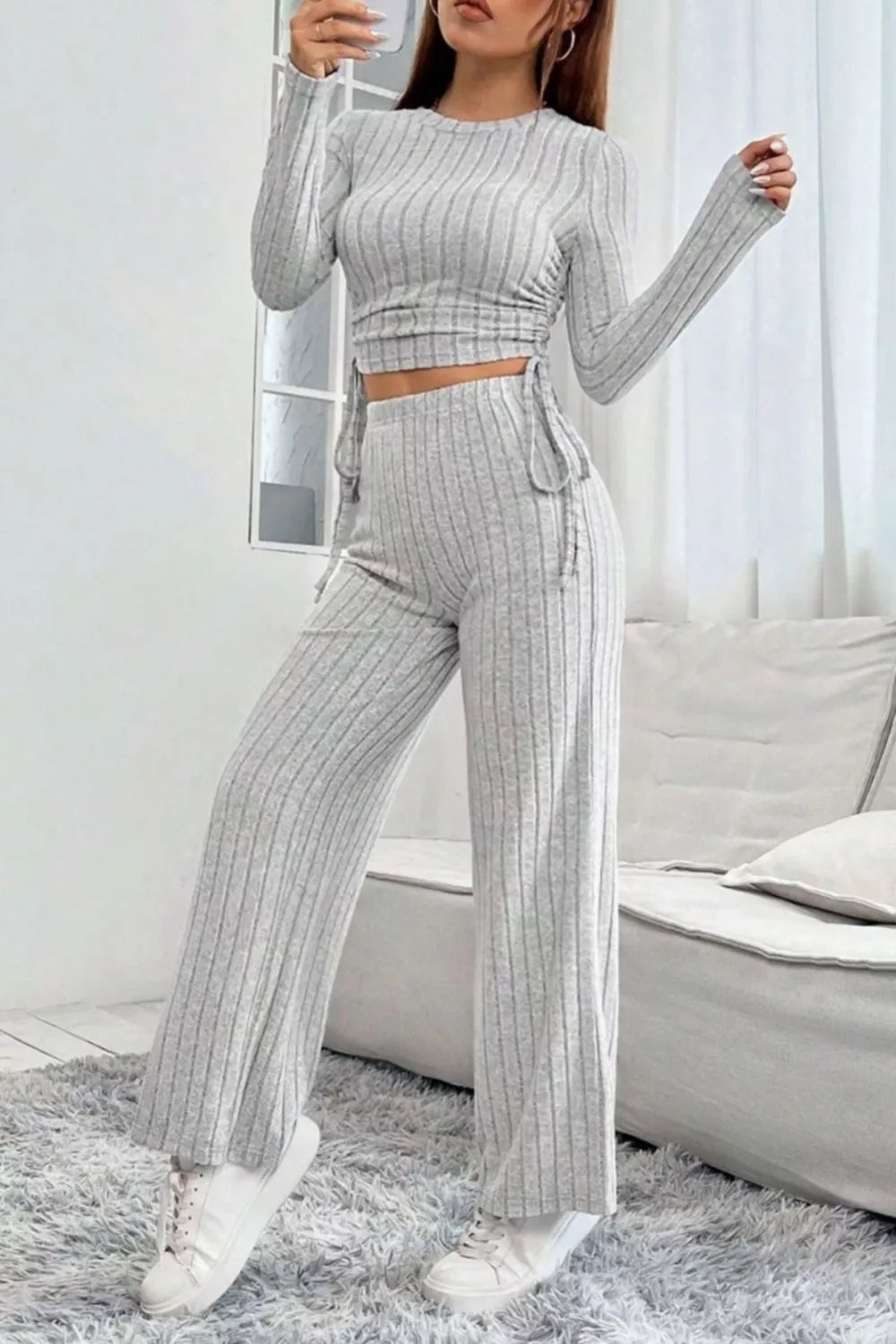 Ribbed Knit Long Sleeve Top & Wide Leg Pants Set - Godess beauty  #