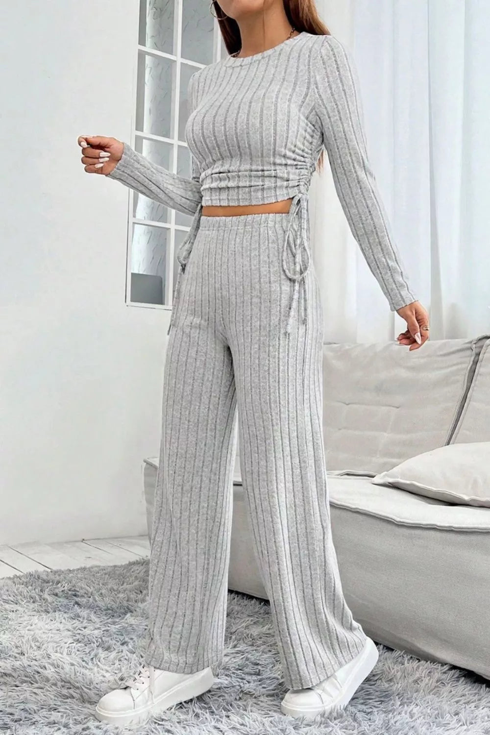 Ribbed Knit Long Sleeve Top & Wide Leg Pants Set - Godess beauty  #