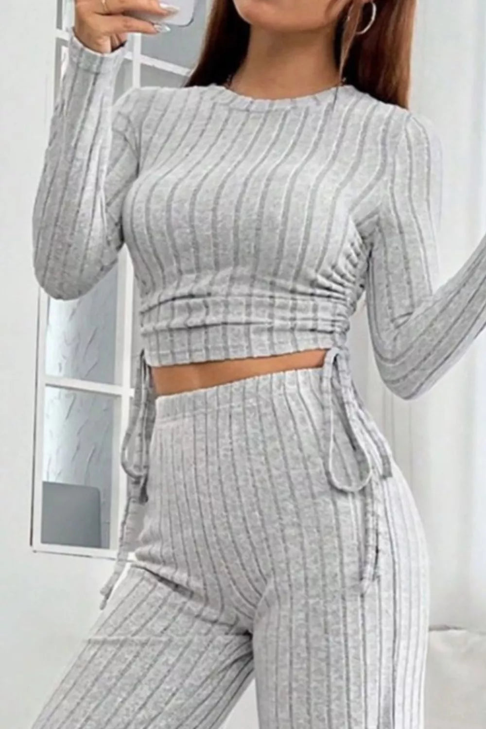 Ribbed Knit Long Sleeve Top & Wide Leg Pants Set - Godess beauty  #