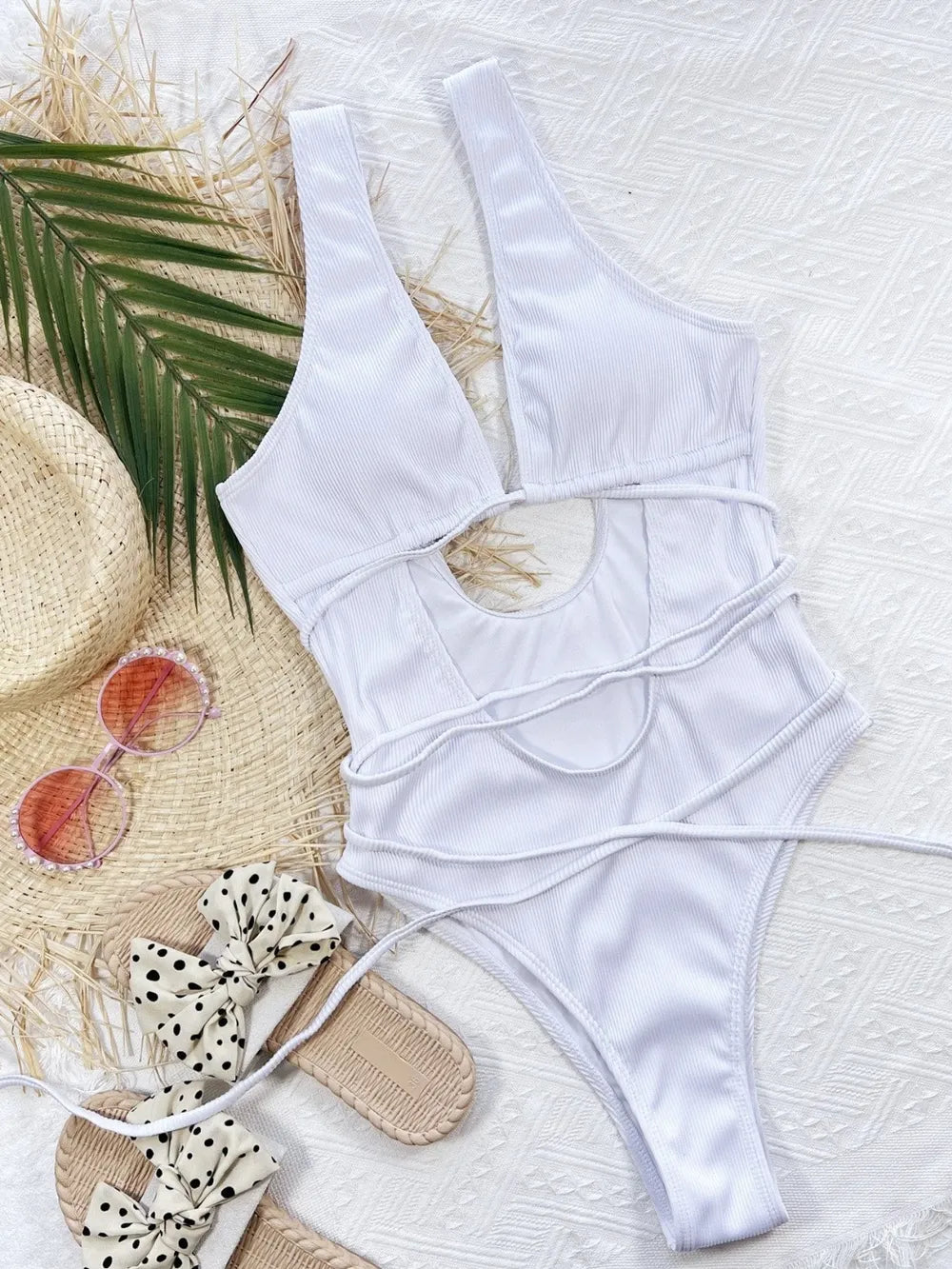 Ribbed Lace Up One-Piece Swimsuit - Godess beauty  #