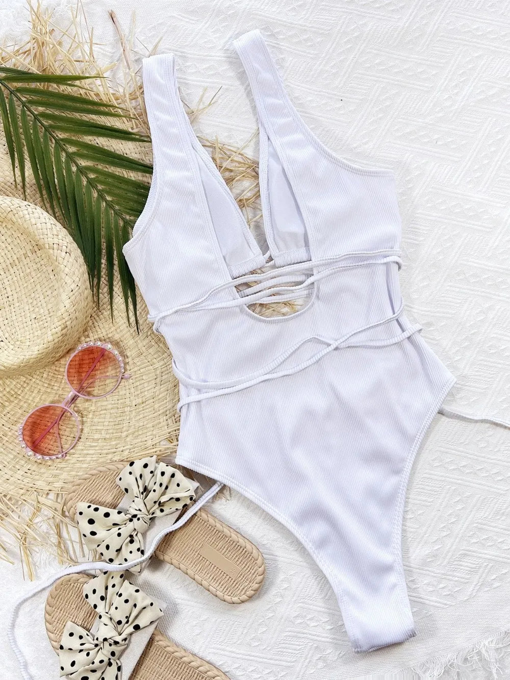 Ribbed Lace Up One-Piece Swimsuit - Godess beauty  #