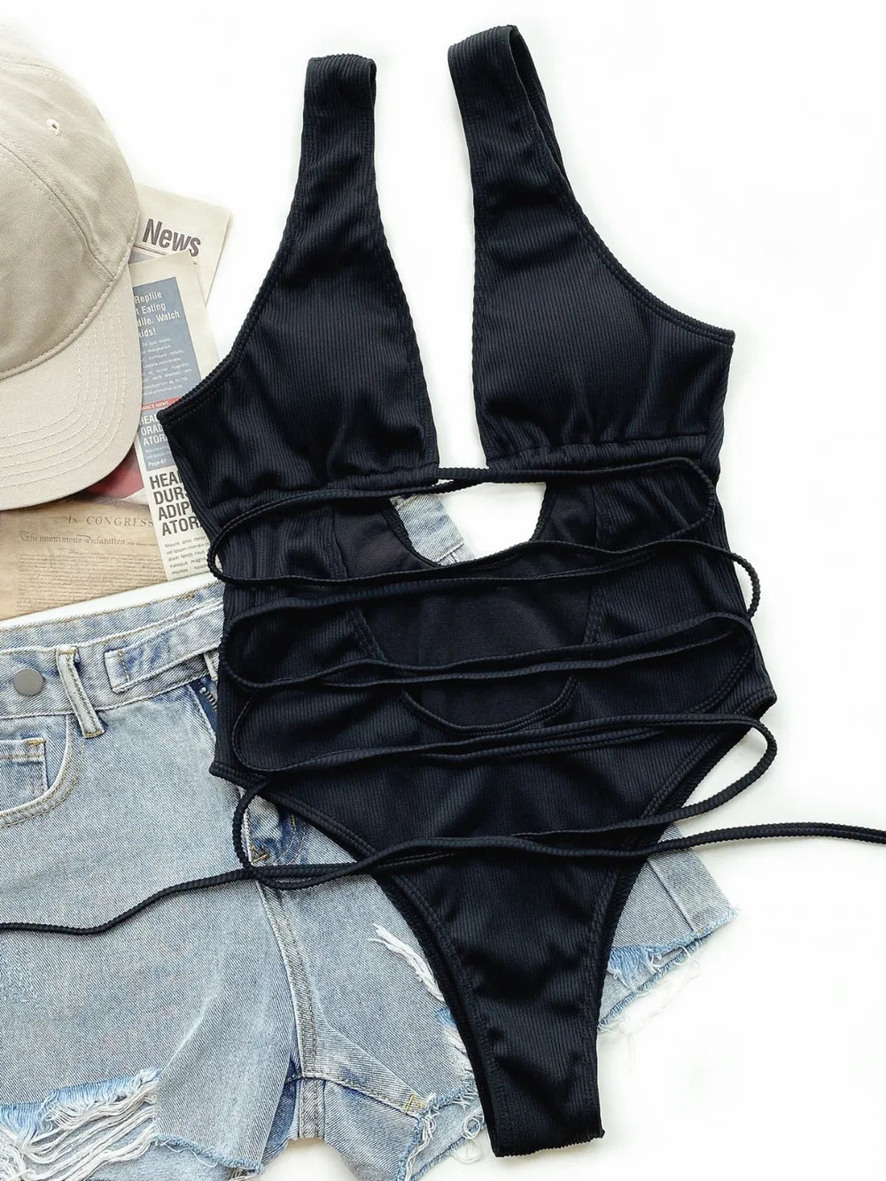 Ribbed Lace Up One-Piece Swimsuit - Godess beauty  #