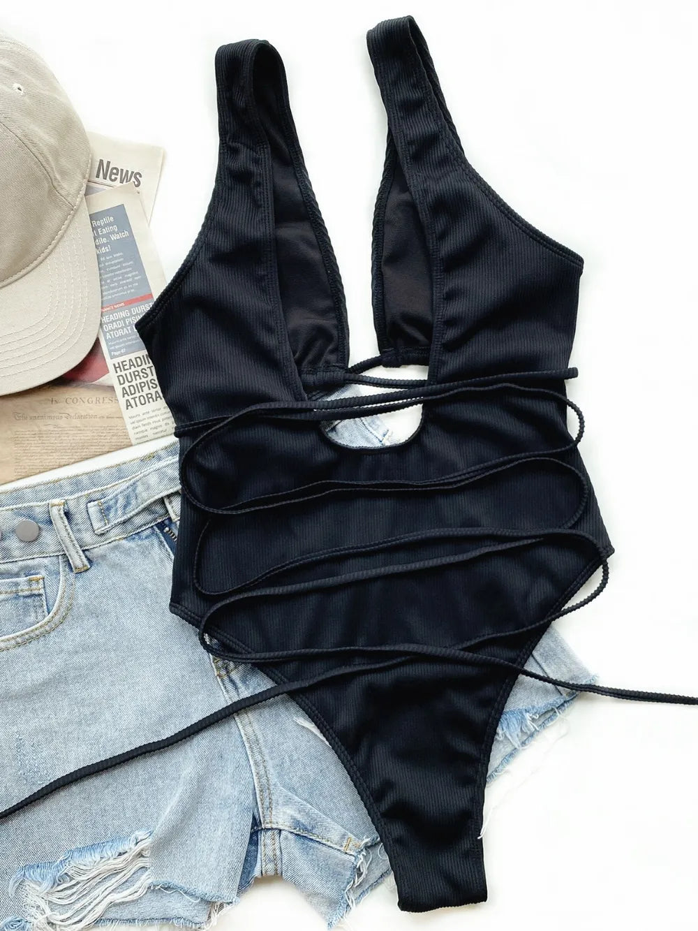 Ribbed Lace Up One-Piece Swimsuit - Godess beauty  #