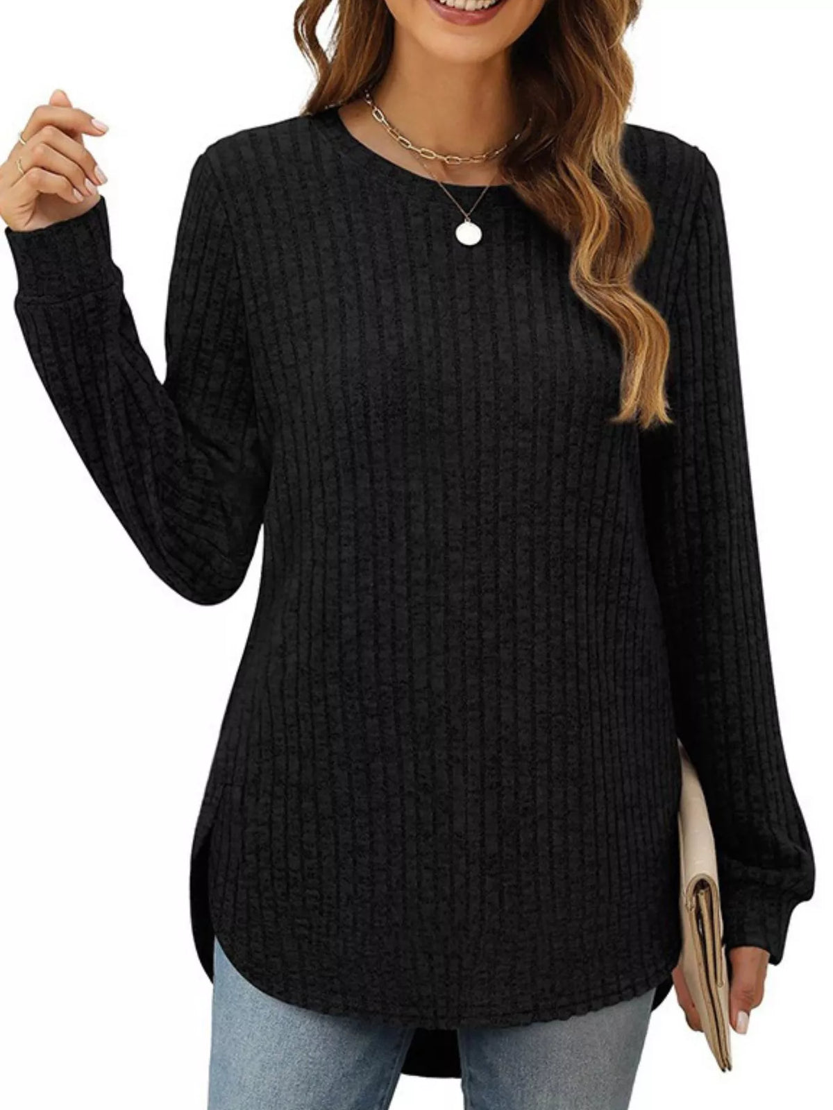 Ribbed Texture Round Neck Long Sleeve Rounded Hem Knit Top - Godess Beauty  #