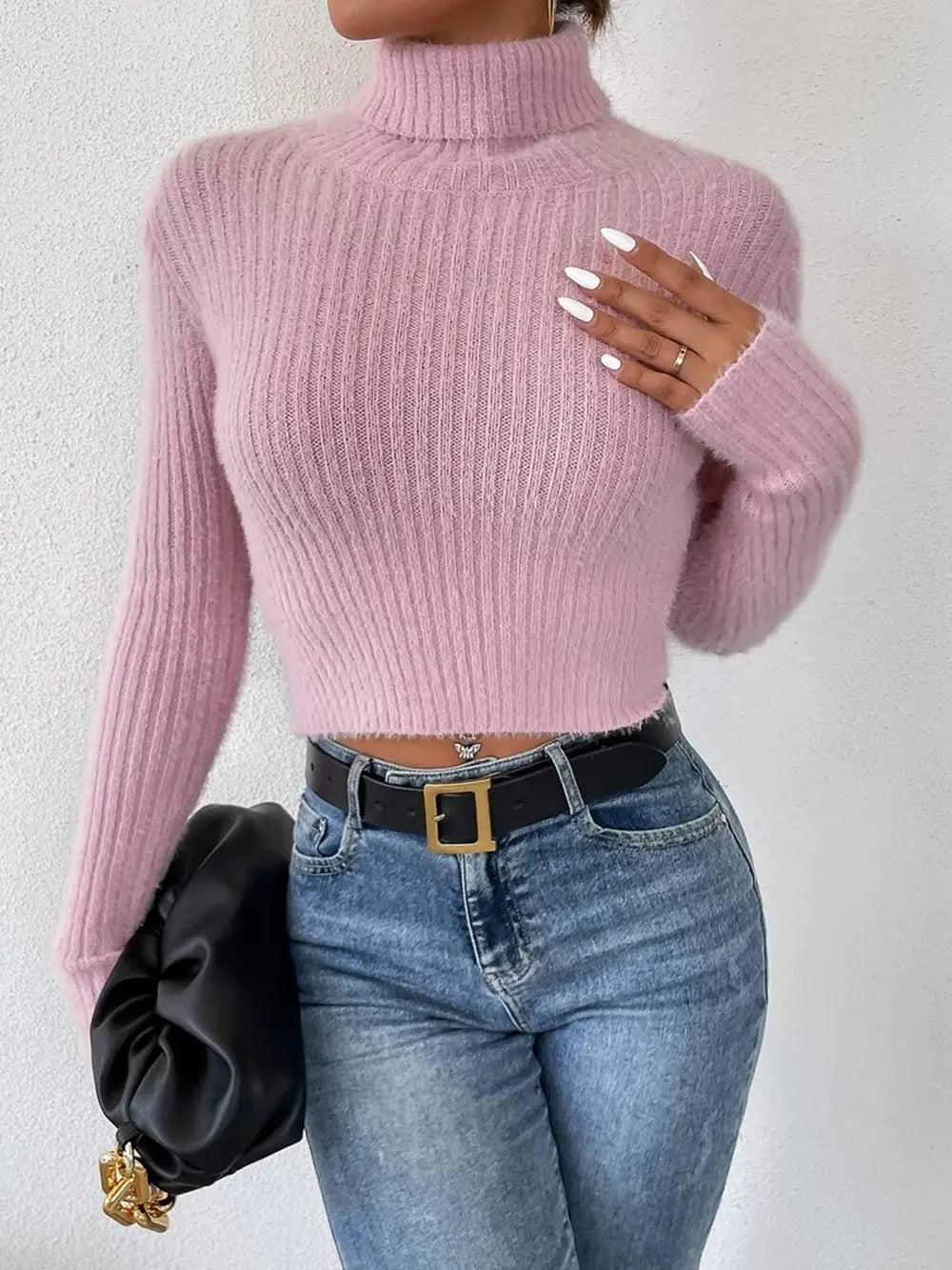 Ribbed Turtleneck Long Sleeve Sweater - Godess Beauty  #