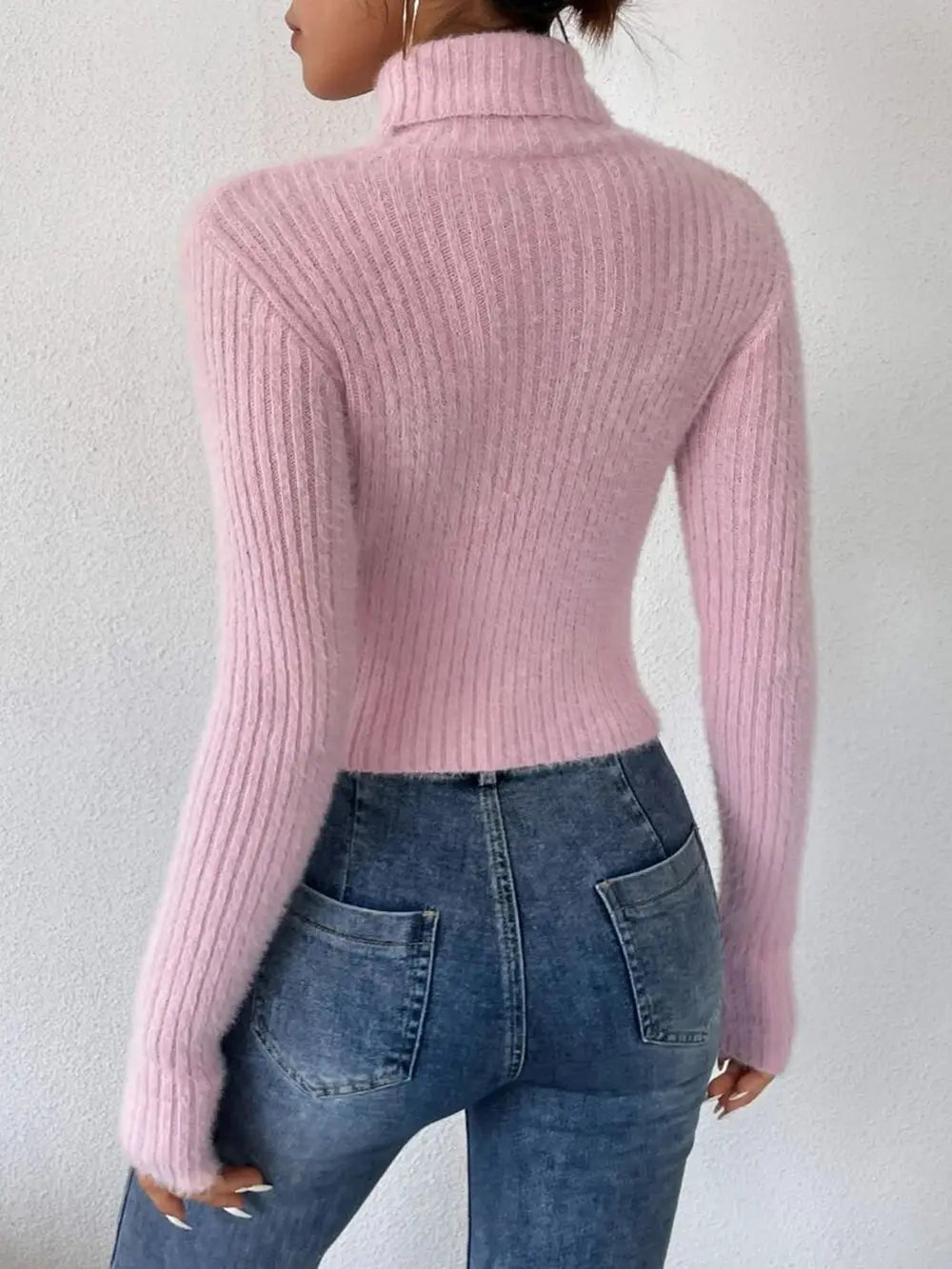 Ribbed Turtleneck Long Sleeve Sweater - Godess Beauty  #