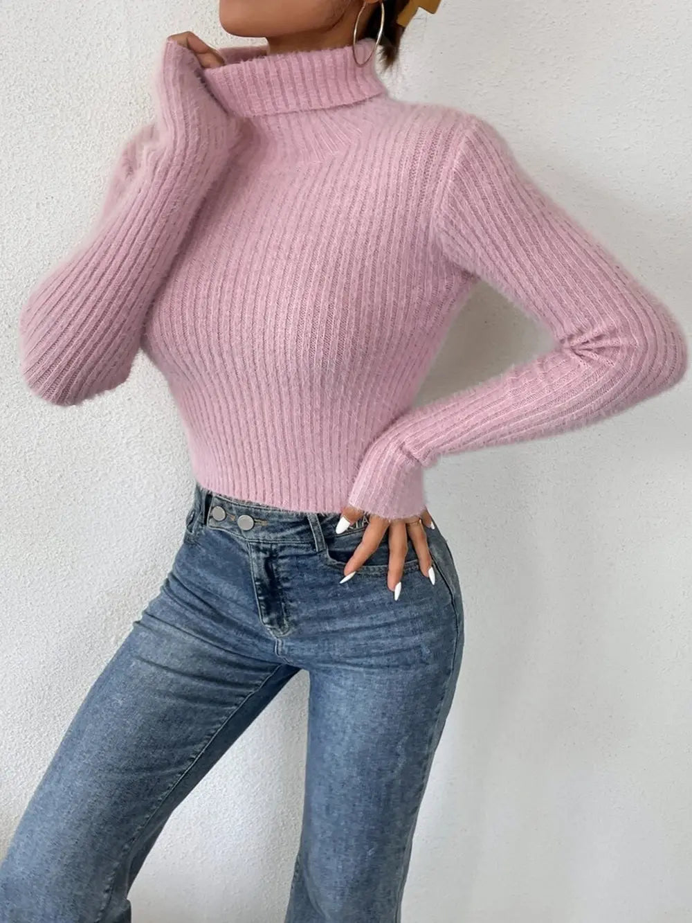 Ribbed Turtleneck Long Sleeve Sweater - Godess Beauty  #