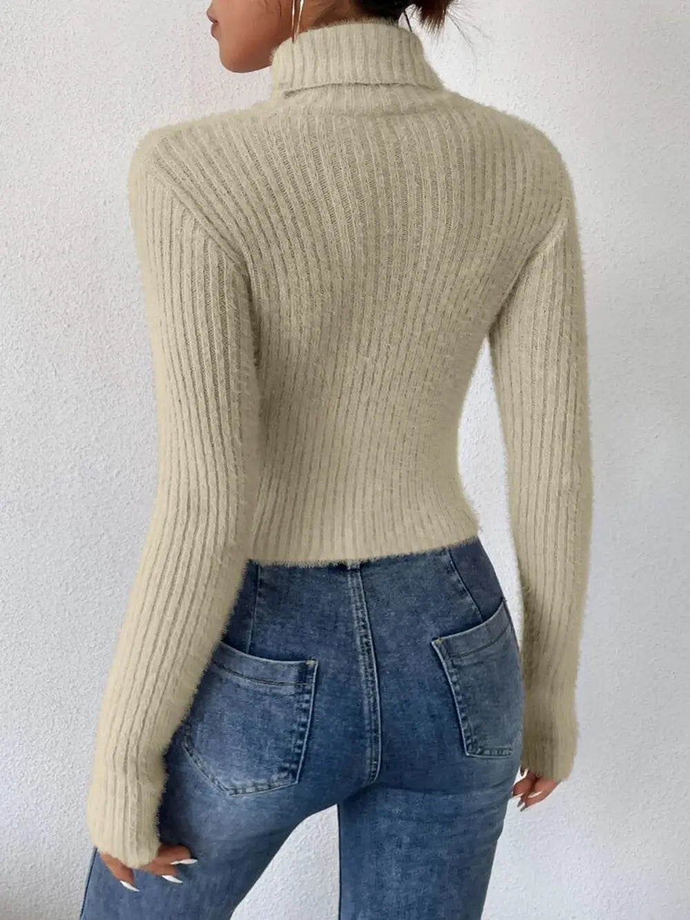 Ribbed Turtleneck Long Sleeve Sweater - Godess Beauty  #