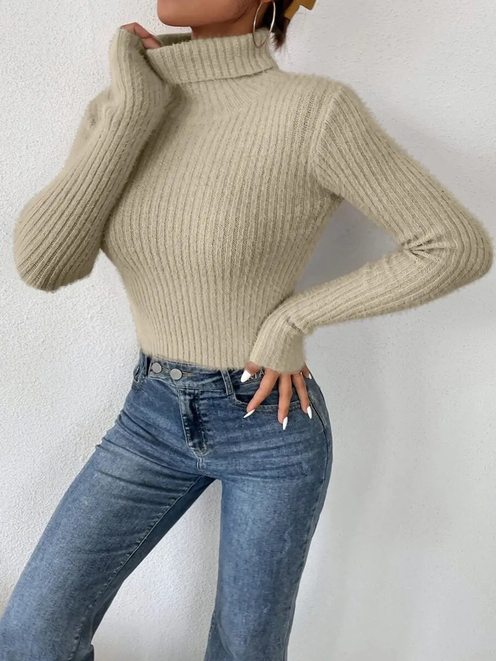 Ribbed Turtleneck Long Sleeve Sweater - Godess Beauty  #