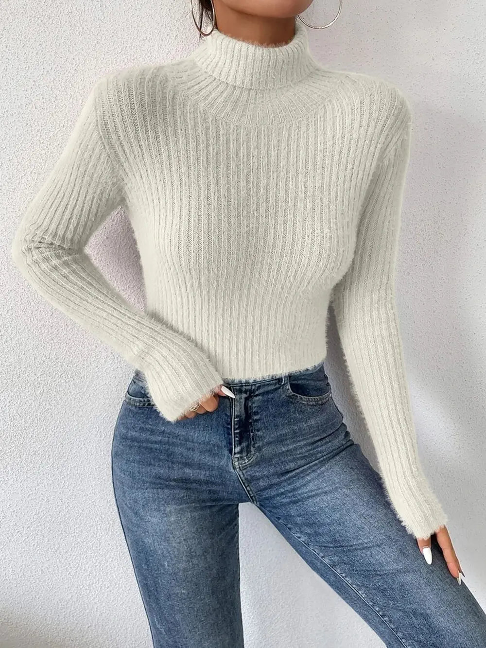 Ribbed Turtleneck Long Sleeve Sweater - Godess Beauty  #
