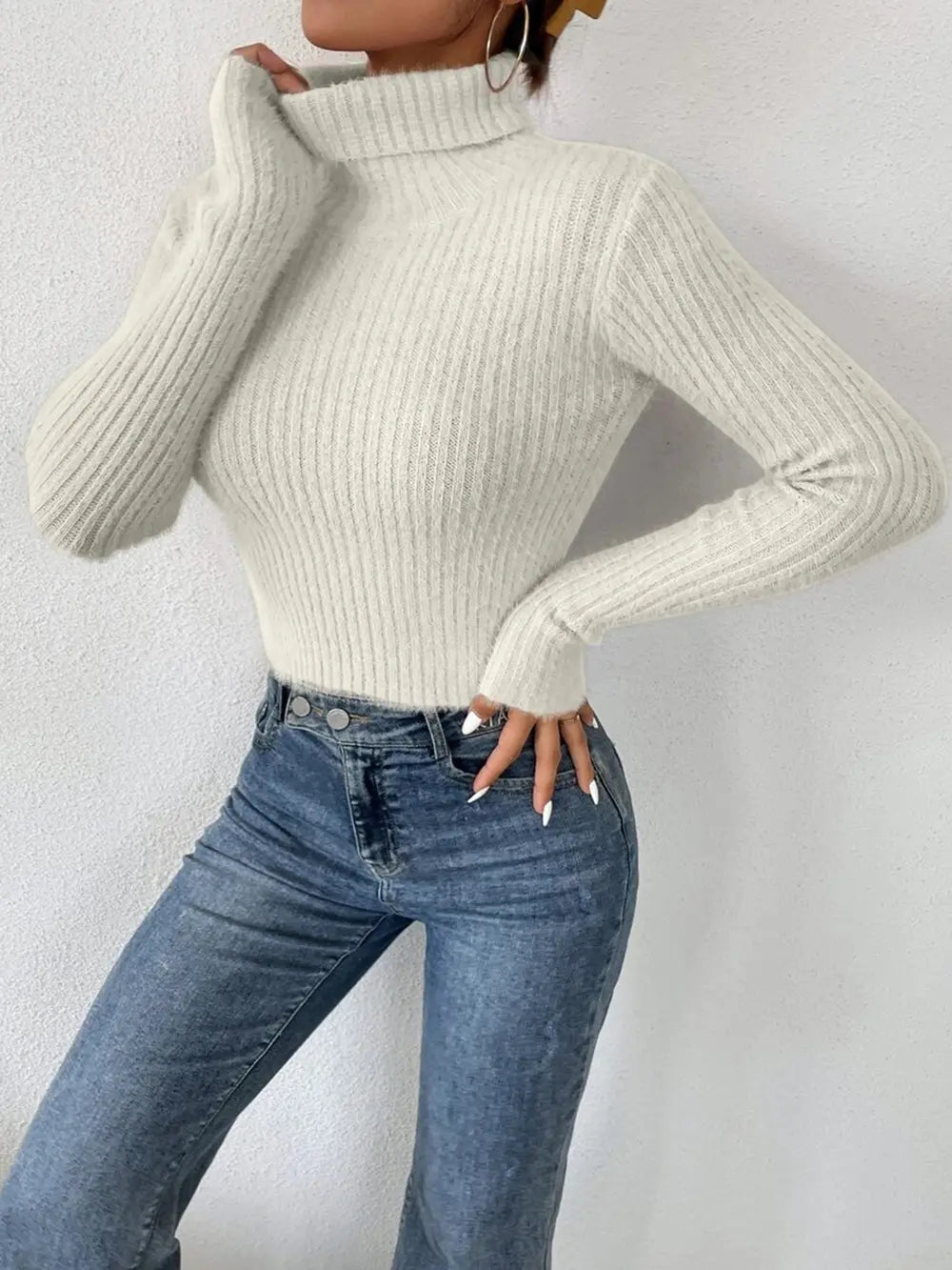 Ribbed Turtleneck Long Sleeve Sweater - Godess Beauty  #