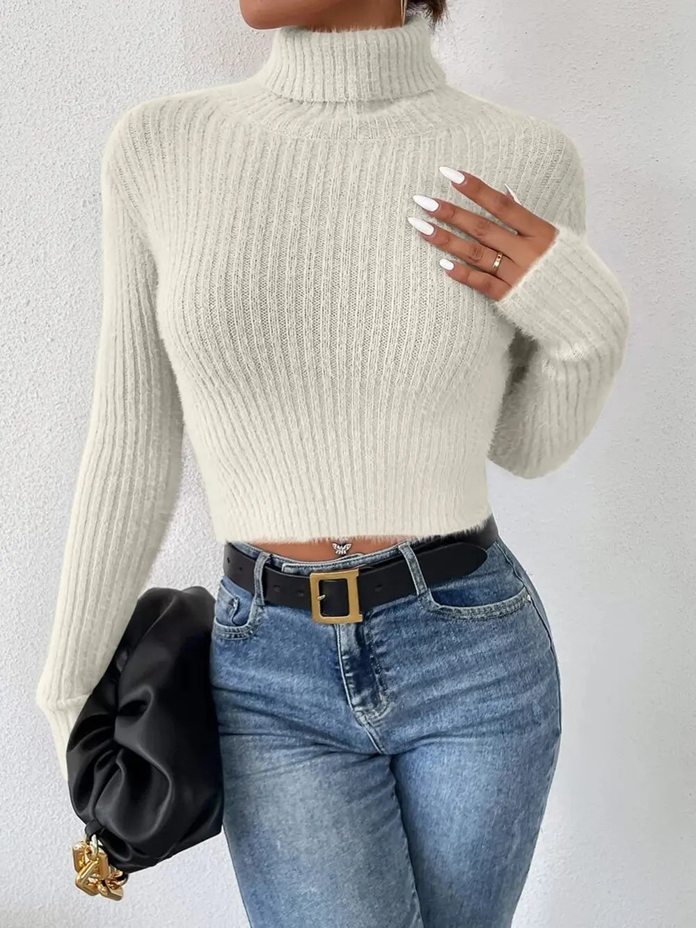 Ribbed Turtleneck Long Sleeve Sweater - Godess Beauty  #