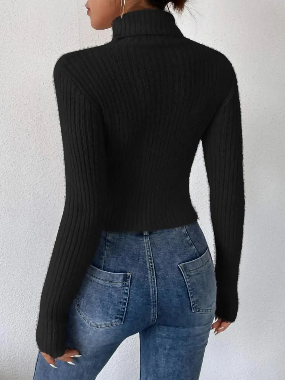 Ribbed Turtleneck Long Sleeve Sweater - Godess Beauty  #