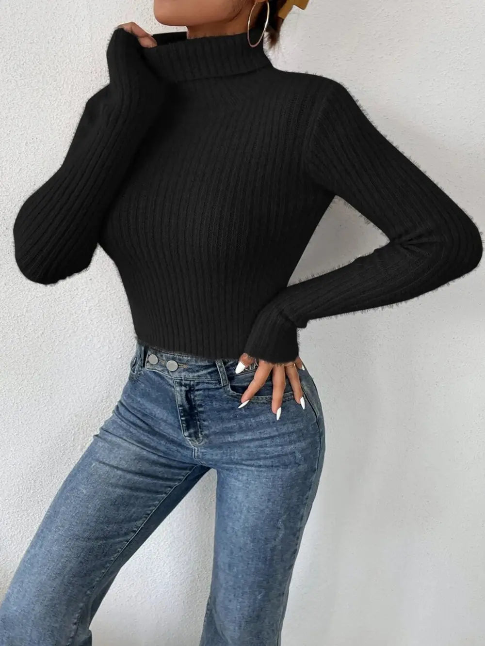 Ribbed Turtleneck Long Sleeve Sweater - Godess Beauty  #