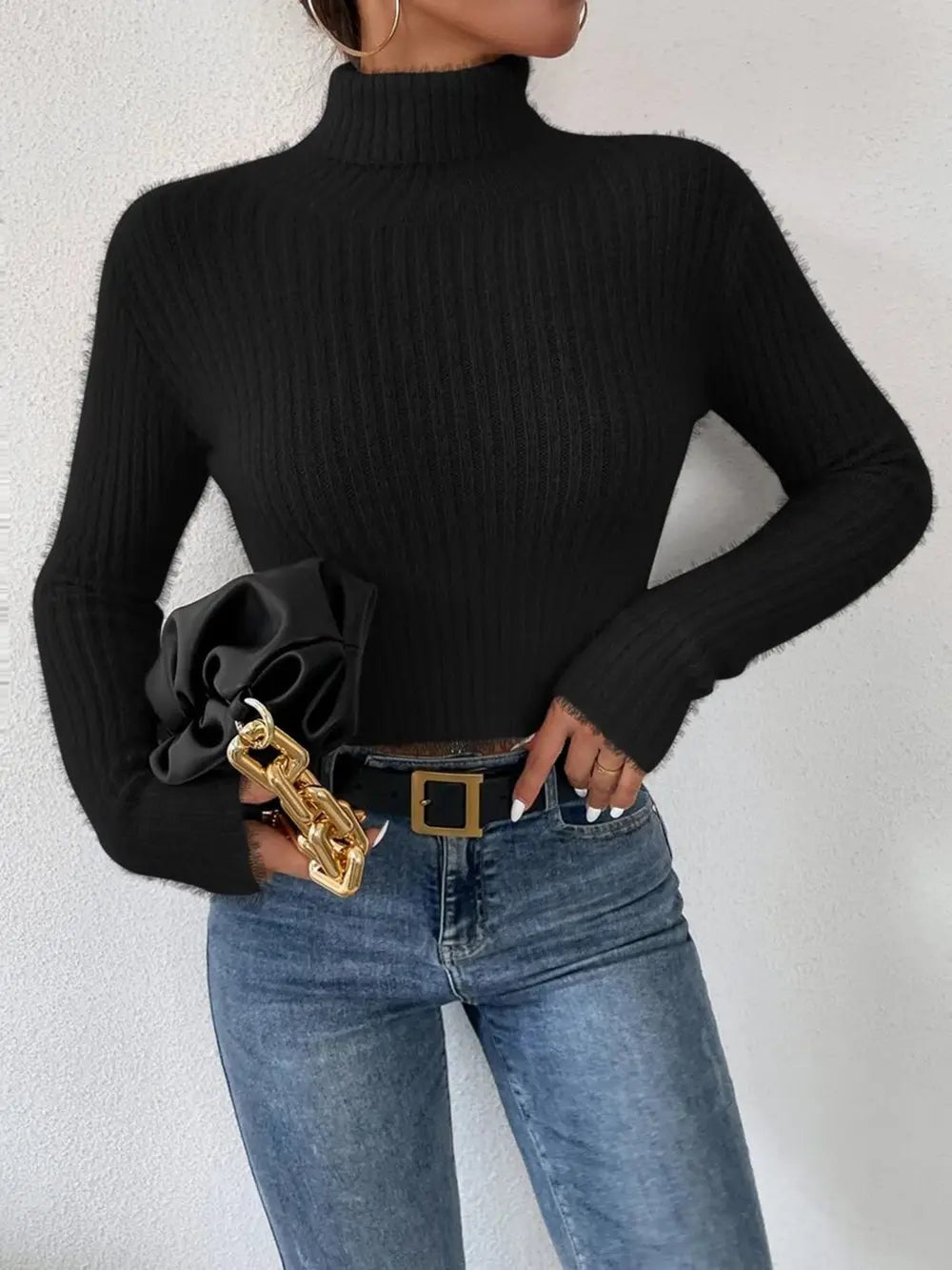 Ribbed Turtleneck Long Sleeve Sweater - Godess Beauty  #
