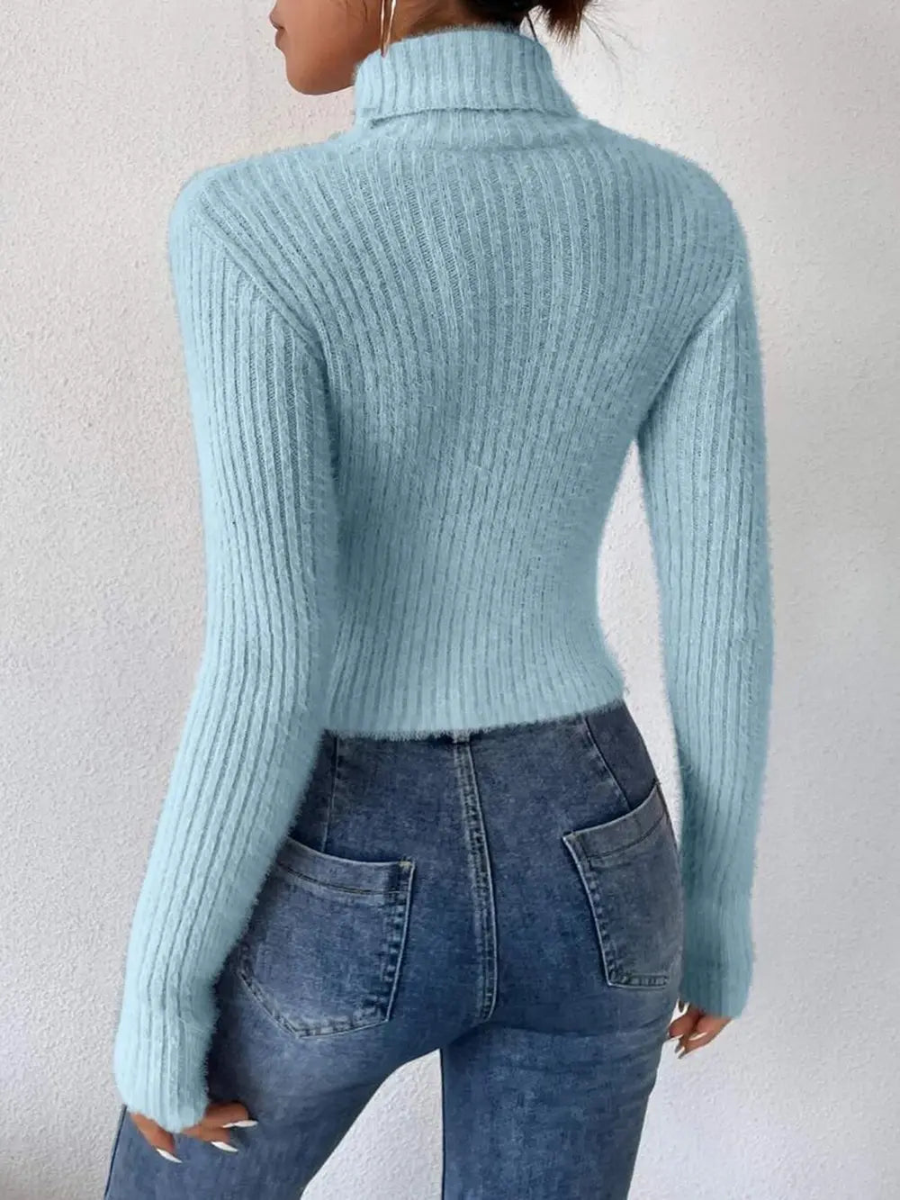 Ribbed Turtleneck Long Sleeve Sweater - Godess Beauty  #