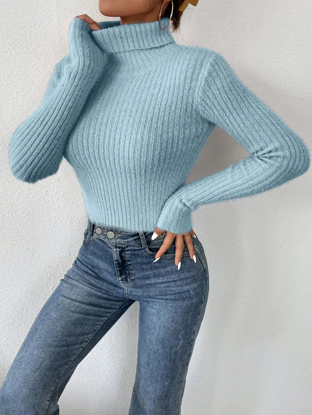 Ribbed Turtleneck Long Sleeve Sweater - Godess Beauty  #