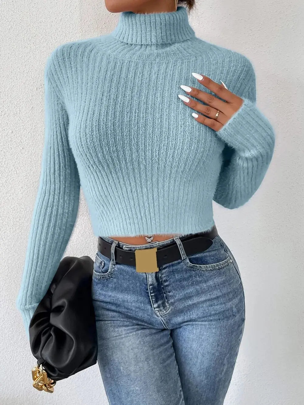 Ribbed Turtleneck Long Sleeve Sweater - Godess Beauty  #